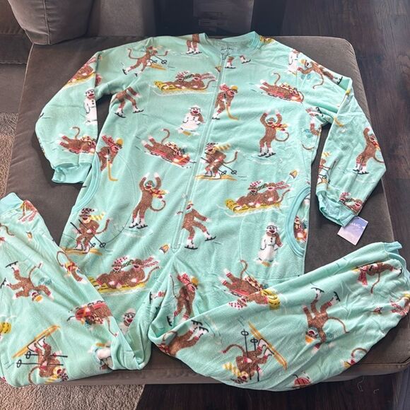 Nick & Nora Adult Teen Unisex Fleece One Piece Sock Monkeys Pajama Size XXL NEW - Picture 2 of 12